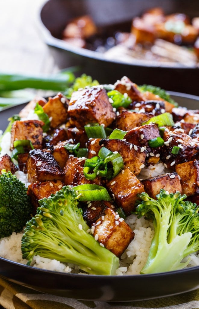 Asian Garlic Tofu- marinated in a sweet and spicy sauce and seared until crispy.