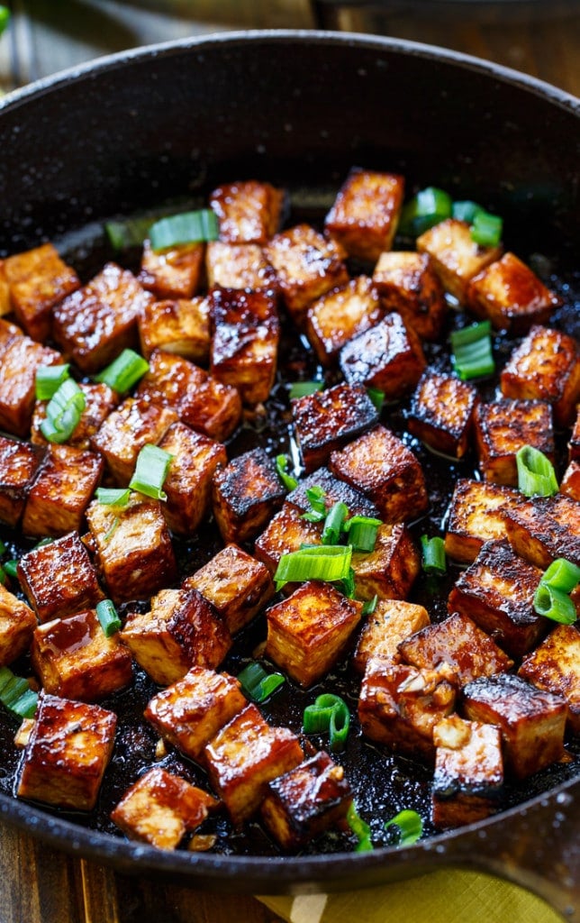 Asian Garlic Tofu- marinated in a sweet and spicy sauce and seared until crispy.