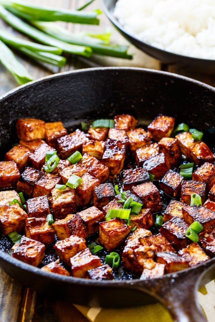 Asian Garlic Tofu- marinated in a sweet and spicy sauce and seared until crispy.