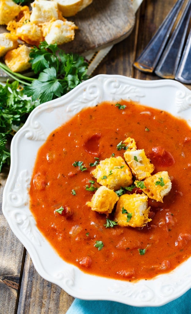 Chunky Tomato Soup with Cheese Croutons