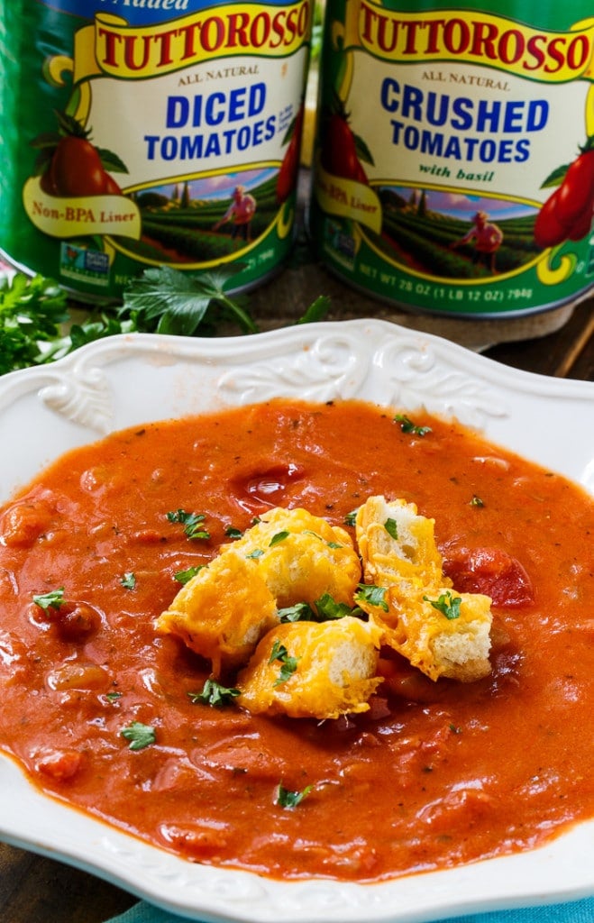 Chunky Tomato Soup with Cheese Croutons