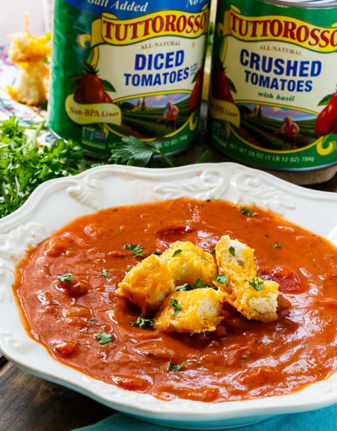 Chunky Tomato Soup with Cheese Croutons