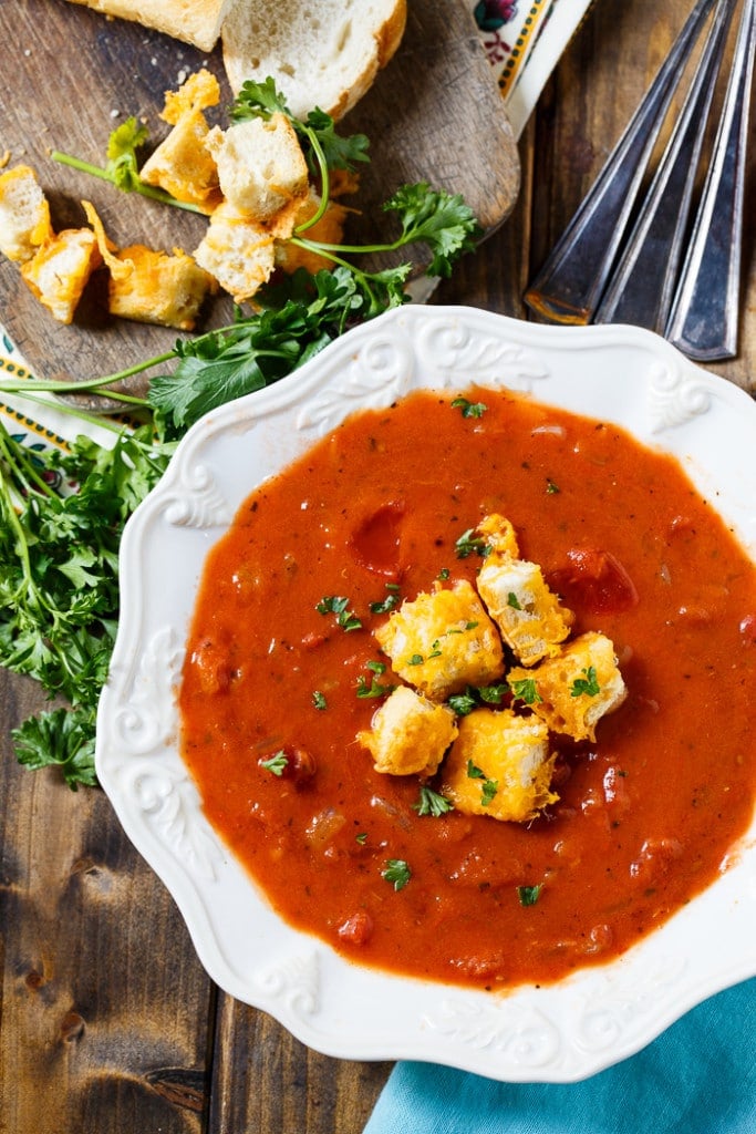 Chunky Tomato Soup with Cheese Croutons