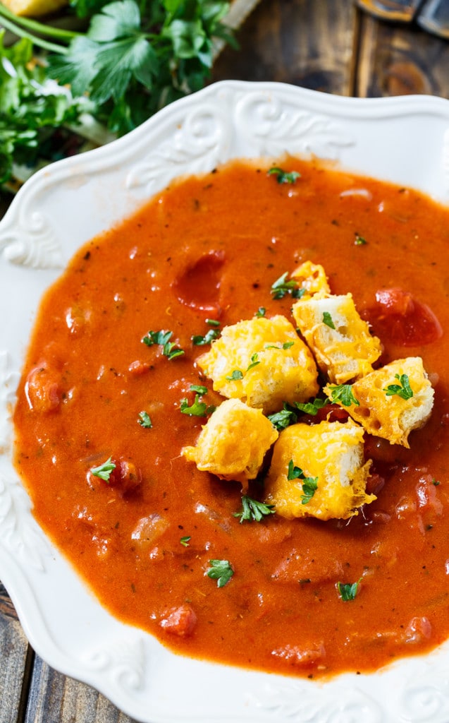 Chunky Tomato Soup with Cheese Croutons