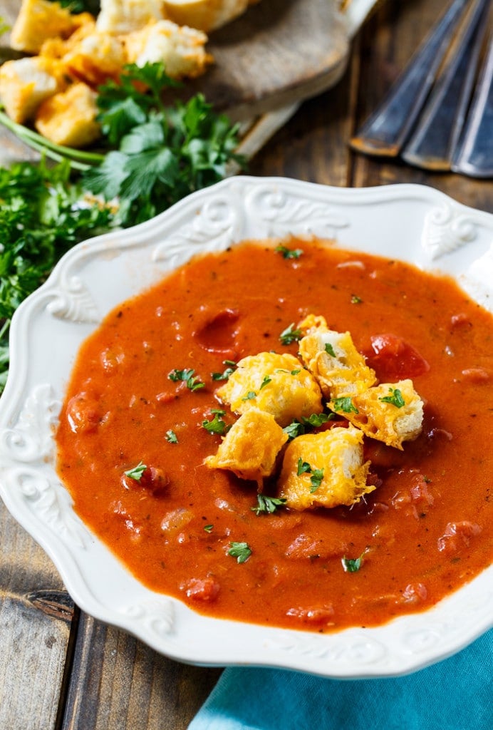 Chunky Tomato Soup with Cheese Croutons