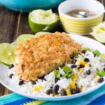 Tortilla Crusted Chicken and Coconut Rice with Black Beans and Corn