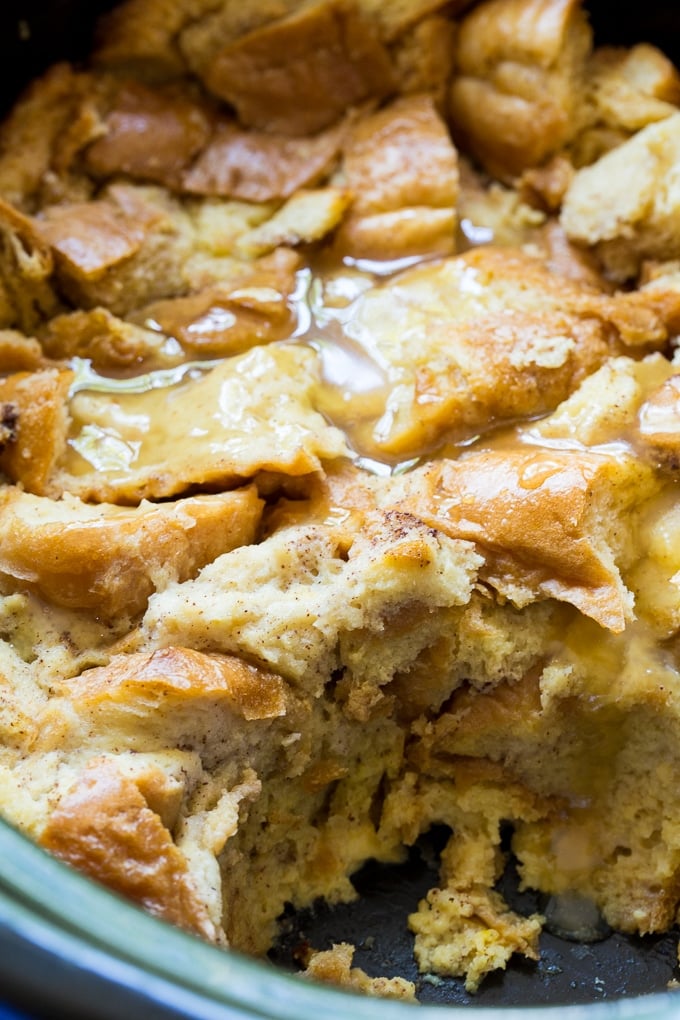 Slow Cooker Tres Leches Bread Pudding with vanilla sauce