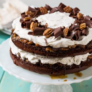 Chocolate Praline Layer Cake- super easy to make from a cake mix.