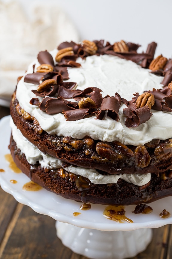 Chocolate Praline Layer Cake- super easy to make from a cake mix!