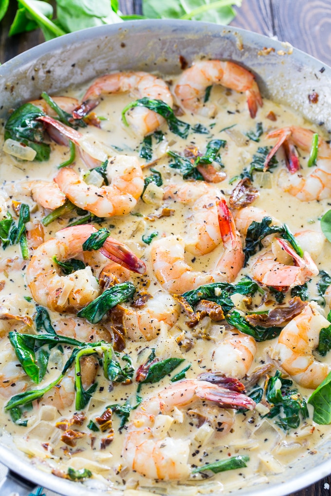 Creamy Tuscan Shrimp with sun-dried tomatoes and spinach