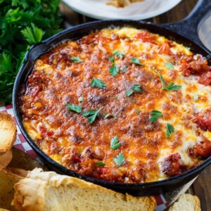 Lasagna Dip with Sausage and lots of cheese.