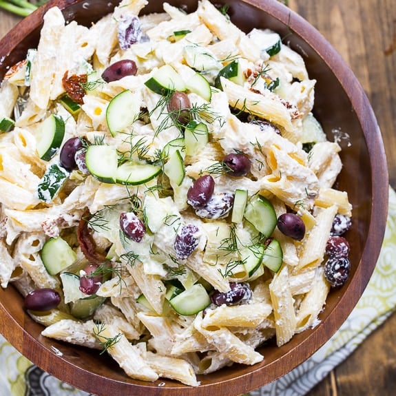 Tzatziki Pasta Salad with Greek yogurt and feta cheese. Creamy and delicious.