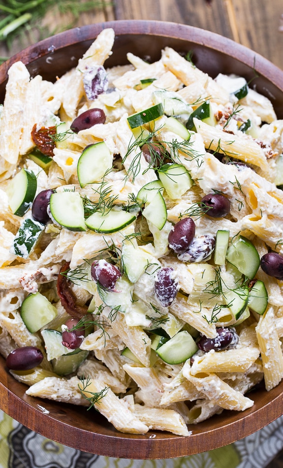Tzatziki Pasta Salad with greek yogurt, feta cheese, and olives. Creamy and delicious!