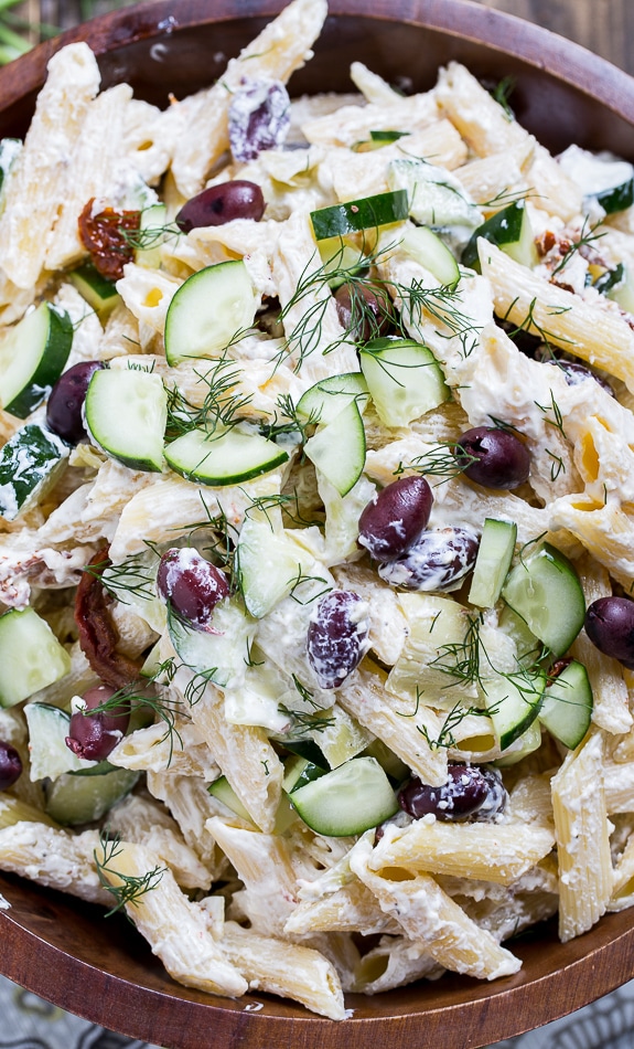 Tzatziki Pasta Salad with greek yogurt, feta cheese, and olives. Creamy and delicious!