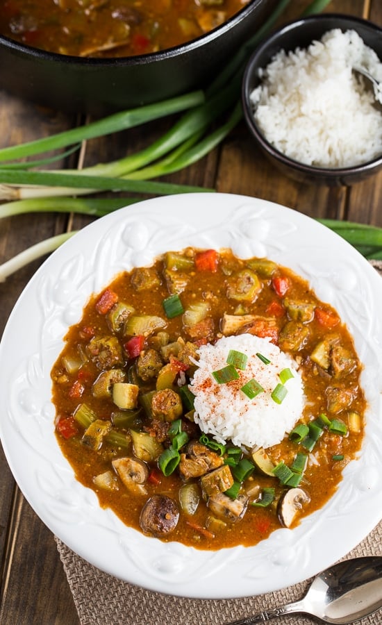 Vegetarian Gumbo made with a rich, dark roux and red beans, okra, bell peppers, and mushrooms.