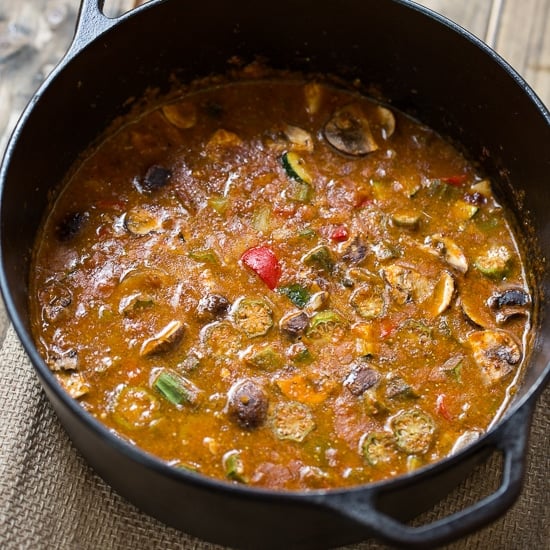 Vegetarian Gumbo made with a rich, dark roux and okra, bell peppers, red beans, zucchini, and mushrooms.