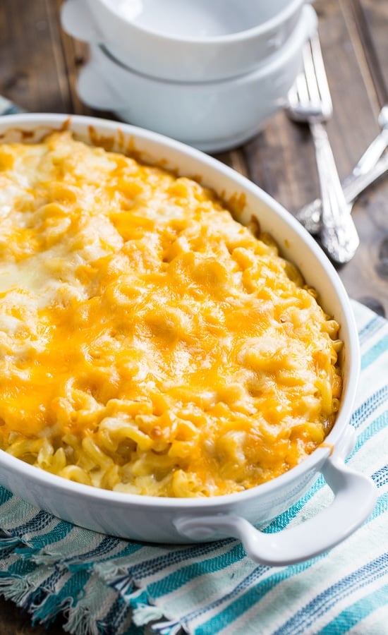Super Creamy Mac and Cheese with a blend of cheddar, monterey jack, and velveeta.