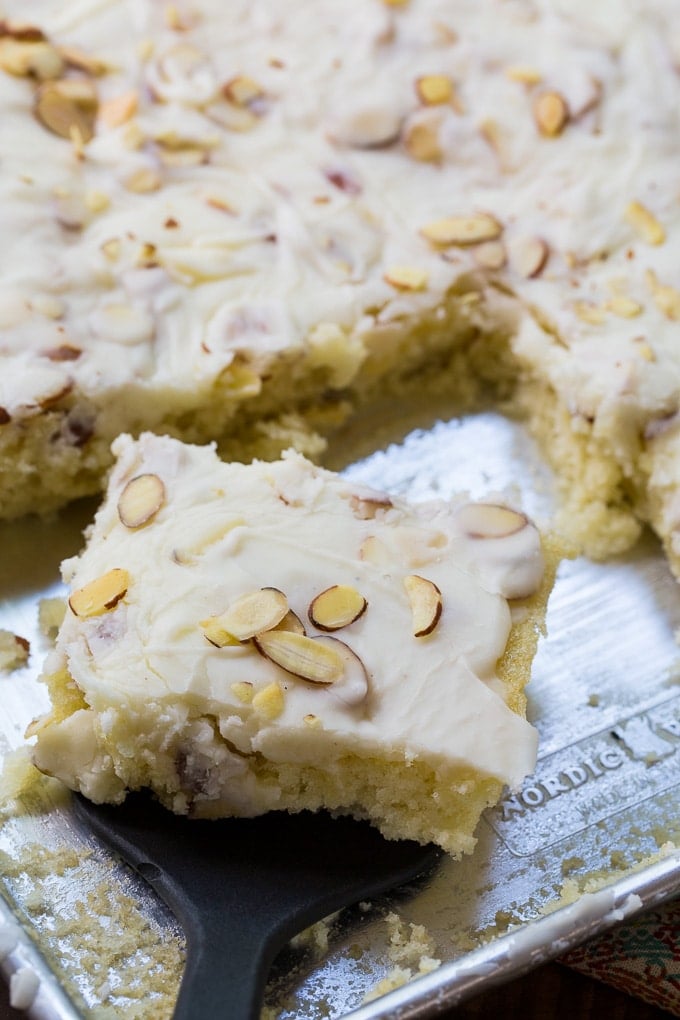 White Texas Sheet Cake with almond flavoring