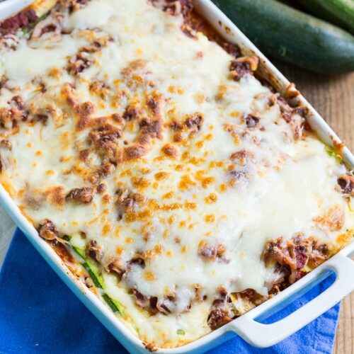 Zucchini Lasagna. A thick meat sauce and zucchini noodles make this lasagna a delicious gluten-free meal.